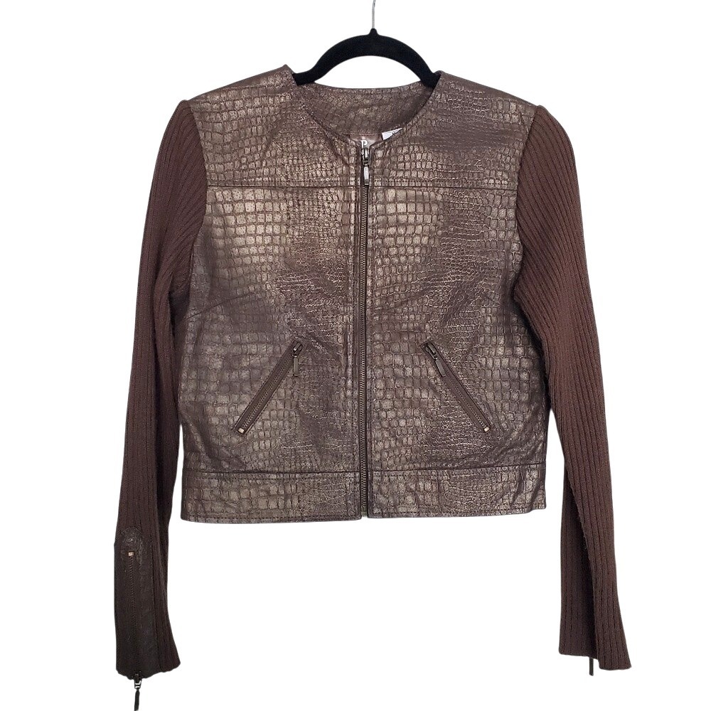 Vintage 90's Leather Jacket Cropped Reptile Knit Sleeve Zipper Brown Bronze SZ:M